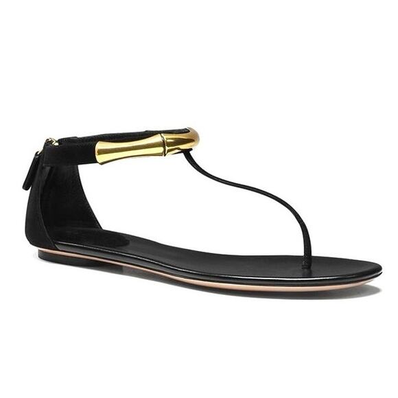Gucci Shoes - Gucci Coraline Nero Black Suede Thong T strap flats gold bamboo 2014 size 35.5